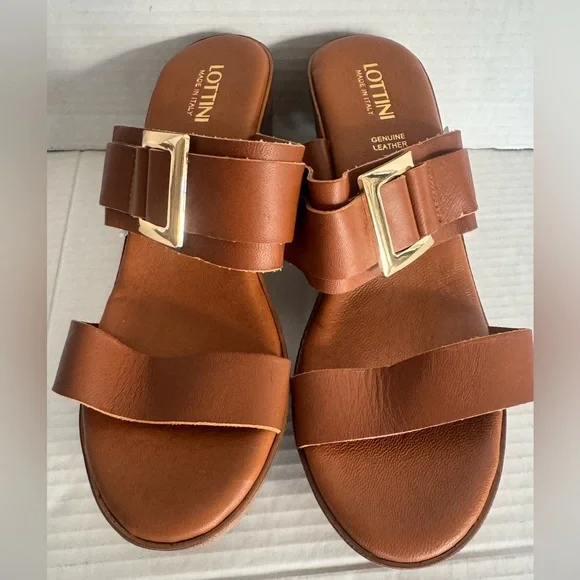 Lottini Italian Leather Brown Leather Wedge Sandals Gold Buckle Slides shoes 9 - Picture 5 of 6